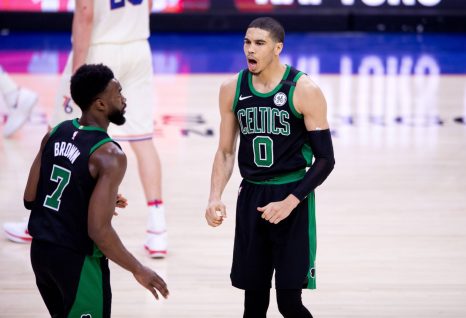 Basketball players argue during a game