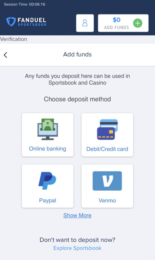 Fanduel Sportsbook add funds page mobile app view