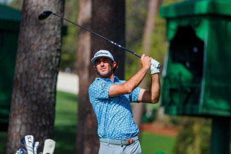 Max Homa watches his shot during a practice round of The Masters golf tournament