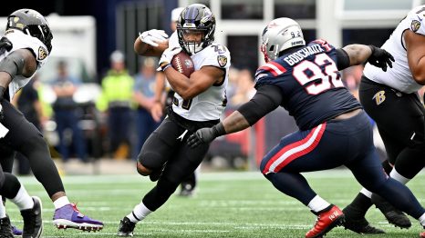 American football player with the ball in his arms tries to avoid a heap