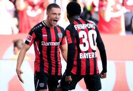 Two football players celebrates a goal