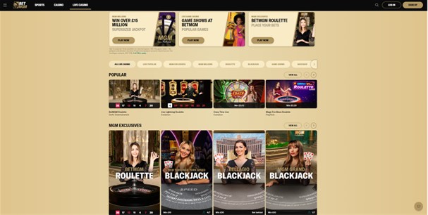 BetMGM’s live casino features a huge variety of live dealer games, including exclusive live blackjack and roulette games.