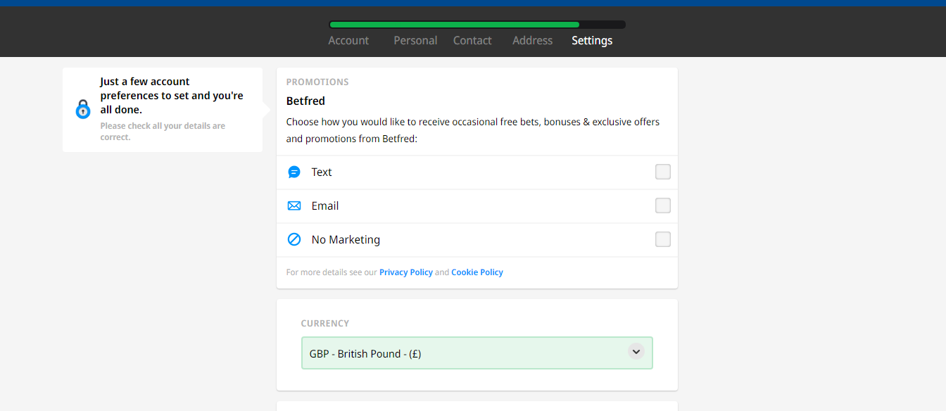 Betfred New Customer Settings