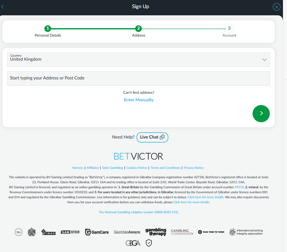 Bet Victor Sportsbook Registration Form