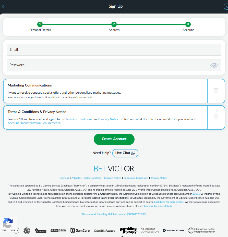 Bet Victor Sportsbook Registration Form